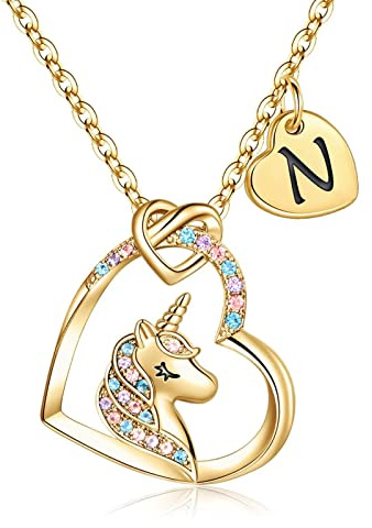 TINGN Einhorn Geschenk für Mädchen, 14 Karat Gold Vergoldet Herz Anhänger Einhorn Kette Halskette Mädchen Gold Einhorn Buchstaben Kette Einhorn Schmuck Geburtstagsgeschenke für Mädchen Tochter Nichte