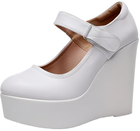 Jamron Dam Hög Plattform 11.5CM Kilklack Mary Jane Skor Kardborreband Läderpumps med Ankelrem Vit SN070281-3 EU38