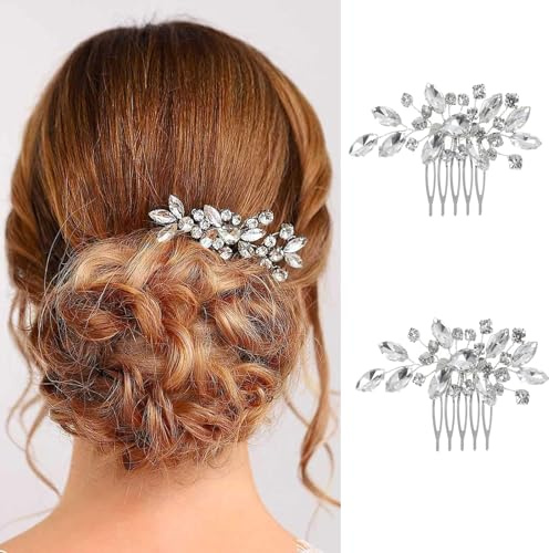 Xinlon 2 Stück Strass Braut Seitenkamm, Kristall Braut Kopfschmuck, Kopfschmuck Brautschmuck Haare Hochzeit Haarschmuck Braut Für Frauen Und Mädchen Für Party, Bühnenshows, Hochzeit (Silber)