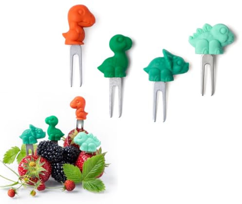 Lekkabox Fingerfood Partyspieße (Dinosaurier 4er Set) - Obstgabeln, wiederverwendbare Obstspieße | Edelstahl Piekser mit Silikon Deko, Food Picks