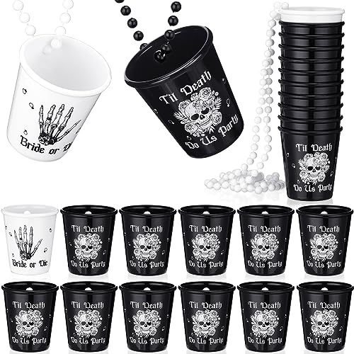 12 Pcs Bride or Die Bachelorette Party Shot Glass Beaded Necklace Till Death Do Us Party Plastic Shot Glass Halloween Gothic Skull Cup Decor for Wedding Bridal Shower Bachelorette Party Supplies
