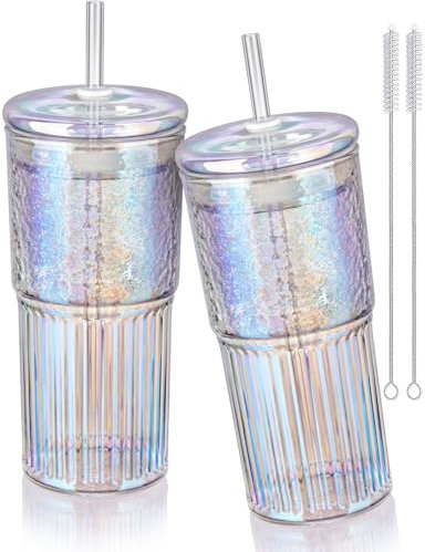 NiHome 2 Stück Trinkbecher mit Deckel und Strohhalm, 650 ml, Eiskaffee Gläser, Bubble Tee Becher, Trinkgläser,Smoothie Becher mit Strohhalmen, weiter Mundwasserbecher mit Schalldämpferring