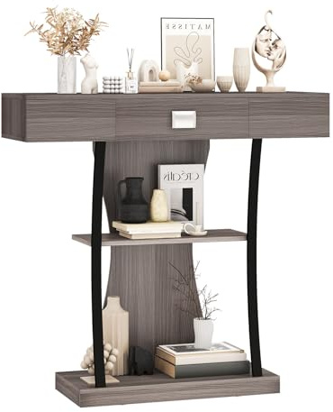 LIFEZEAL Tavolo consolle in legno, tavolo da ingresso con 3 livelli di stoccaggio aperto, tavolino stretto con cassetto per ingresso, corridoio, soggiorno (grigio)