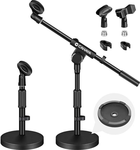 CAHAYA Microphone Stand Desk Adjustable: Boom Arm Mic Stand Desktop with 2 Mic Clips Reinforced Metal Base Table Mic Mount with 3/8 to 5/8 Screw Adapter for Singing Performance Wedding Stage Black
