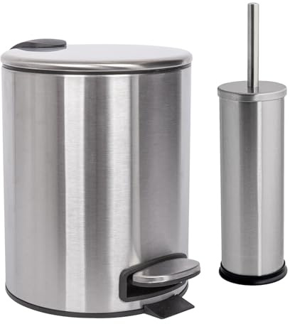 Harbour Housewares 5L Bathroom Bin & Brush Set - Brushed - 2pc Round Stainless Steel Pedal Bin & Toilet Brush Set Slim Small Trashcan for Kitchen Waste, Bathroom Rubbish