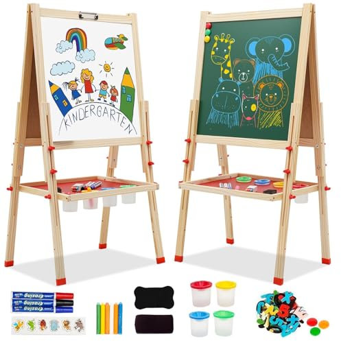 Kinder Staffelei Doppelseitiges Whiteboard und Kreidetafel Holz Kunst Staffelei Höhenverstellbar mit Aufkleber Malzubehör Ablageschale für Jungen Mädchen ab 3 Jahre