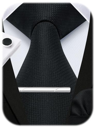 HISDERN Schwarz Herren Krawatte Seidenkrawatte und Einstecktuch Manschettenknöpfe Krawattenklammer Set Formal Business Hochzeit