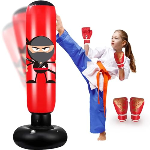 Inflatable Punching Bag for Kids, 63 Inch Standing Boxing Bag with Gloves, Ideal for Karate, Taekwondo, De-Stress & Gifts