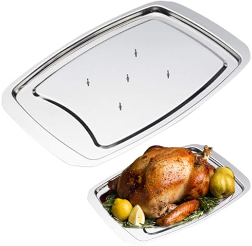 Roasting Pans, Stainless Steel Carving Tray Spiked Meat Dish with Spiked Caps Polished Non-Slip Serving Tray Turkey Pan for Slicing, Cutting, Chopping