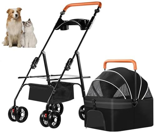 YPDOPORA 3-In-1-Kinderwagen Für Haustiere, Katzen- Und Hundekinderwagen, Tragbarer Hundekinderwagen Mit 4 Rädern, Hundekinderwagen Mit Einstellbarer Griffhöhe Und Abnehmbarer Trage,Schwarz