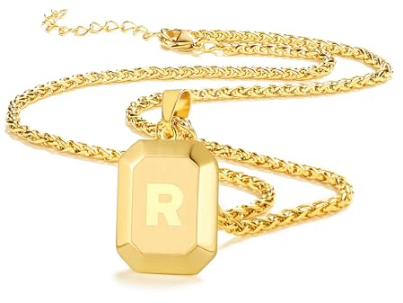 Männer Herren Edelstahl Halskette Mit Alphabet Schmuck Geschenke | Silber Schwarz Gold Quadrat Hundemarke Initial Monogramm A-Z Kette für Jungen 20 + 2 Zoll Weizen Kette Unisex