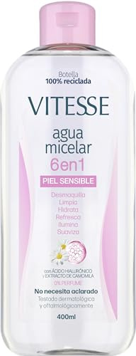 Vitesse, Agua Micelar Piel Sensible 6 en 1, Desmaquilla, Hidrata, Ilumina y Refresca, con Acido Ialurónico y Extracto de Camomila, No Necesita Aclarado, Testado Oftalmológicamente, 400 ml