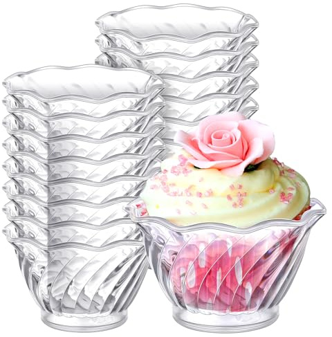 Rtteri 60 Stück Kunststoff-Dessertbecher, 170 ml, klare Eisbecher, Probierschalen, Mini-Form, Tulpenform, Party-Buffet, Servierbecher für Joghurt, Salat, Vorspeisen, Schokolade, Obst (transparent)