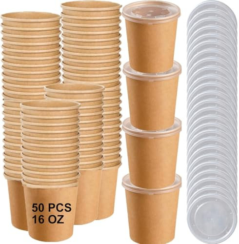Bhina 50 Piezas Vasos de Papel para Sopa con Tapa, 460ml Vasos de Papel para Helado, Contenedores de Sopa de Paper, Taza Compostable Cuenco Cartón Kraft para Frutas Postre Aperitivos (Tapa PP)