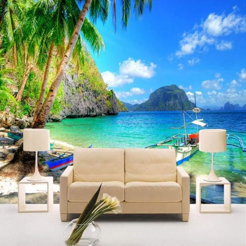 Coconut Trees Sea Boats Mountains 3D Wallpaper Feature Office Living Room Sofa Bedroom TV Background Wall Decoration-430cm×300cm