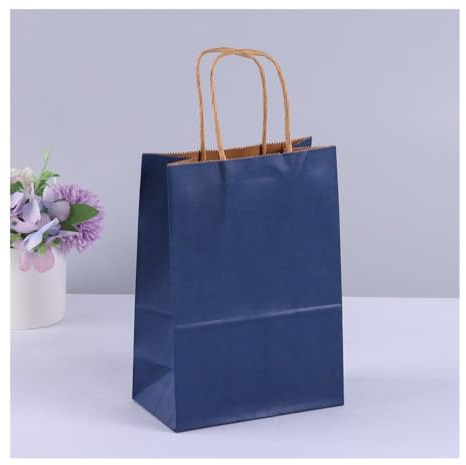 10 x Geschenktüten aus Kraftpapier mit Griffen, Einkaufstasche, Tragetasche, braun-weiße Tasche, DIY-Tasche, Party, Weihnachtsbedarf (dunkelblau, 25 x 32 x 12 cm, 10 Stück)