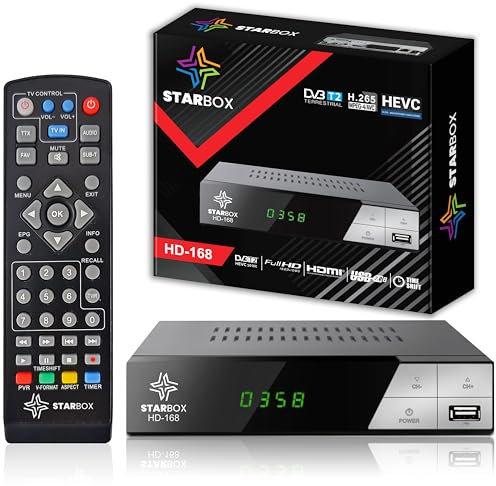 Star Box – Décodeur TNT HD-168+ DVB-T2/DVB-C, Full HD 1080p H.265, USB/HDMI/Péritel, Télécommande Universelle 2-en-1 – Non Compatible Parabole/Satellite
