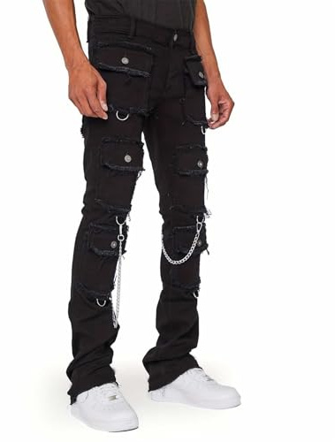 Herr vardaglig bomull trendig smal mode andningsbar lätt elastisk midja arbetskläder jeans raka fickor denim lastbyxor sport löpning jogging träning fitness utomhus, Svart, M