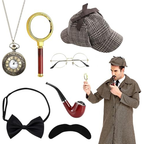 LYPPUL 7PCS Accessoires de Costume de Détective,Sherlock Holmes avec Chapeau de Détective,Accessoires de Costume de Détective des Années 1920,pour Enfants,Adultes,Halloween,Cosplay,Carnaval,Fête
