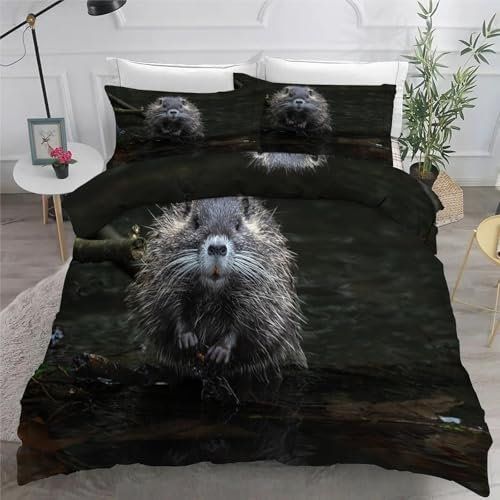 Beaver Double Size Duvet Cover Sets, Animals Microfiber Bedding Sets King Size Ultrasoft Hypoallergenic Quilt Cover With Zipper Closure and 2 Pillowcases 50x75cm