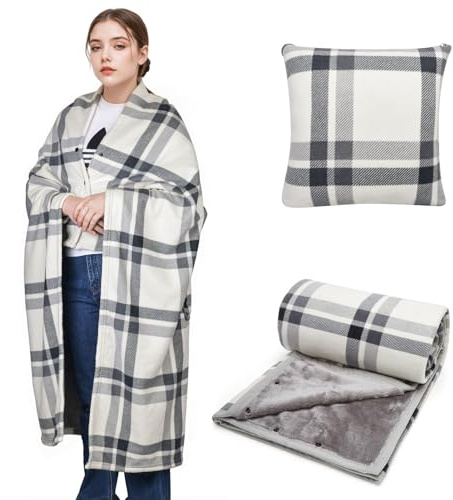 SIVENKE Coperta portatile, cuscino compatto 2 in 1, coperta da donna in pile con bottone, copriletto a quadri, cuscino per letto, divano, ufficio