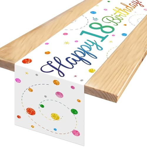 Happy Birthday Colorful Tablecloth for 18 Year Old Girl Birthday Decoration Table Runner Table Decoration for Boys Girls Birthday Table Decoration 180x35cm (White)