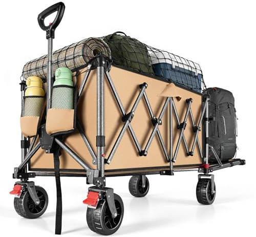 YEAUPE PRO Faltbarer Bollerwagen mit Feststellbremse – All-Terrain-Großräder, öffnendes Heck für Lange Gegenstände und Spanngurtnetz für Camping, Strand, Garten, Khaki (150-240L)