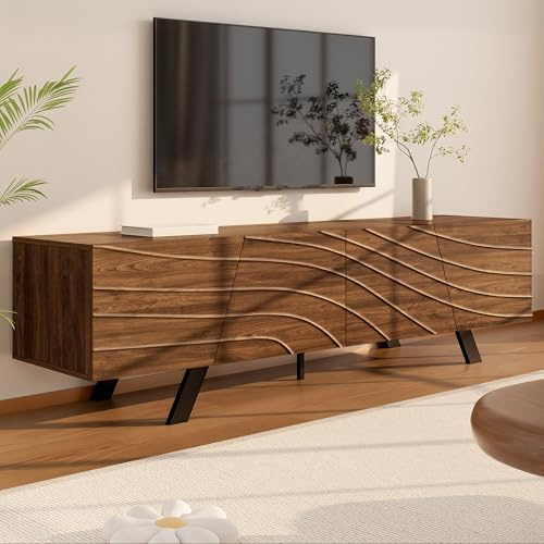 Witimisy Mueble para TV con diseño de frente ondulado en aspecto de nogal y patas de hierro negro, mueble bajo con gran espacio de almacenamiento, mueble de TV estable para salón y pasillo, 160 × 39 ×
