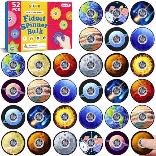 SCIONE 52-pack Mini Fidget Spinners Solsystemet – Hållbar Plast, Mjuka och Tysta Sensoriska Leksaker – Party Bag Fillers, Klassrumsbelöningar, Födelsedagspresenter, Stressavlastning