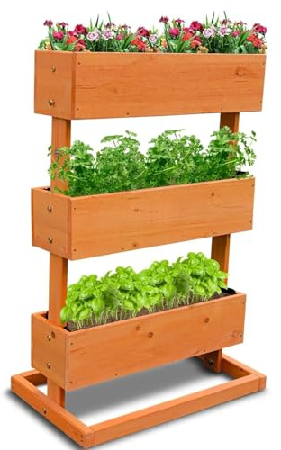 Coemo Bancal vertical de 3 pisos, natural, 50 x 30 x 75 cm, de madera de coníferas, ahorra espacio, para balcón, terraza y jardín, protege la espalda, resistente a la intemperie, cama escalonada