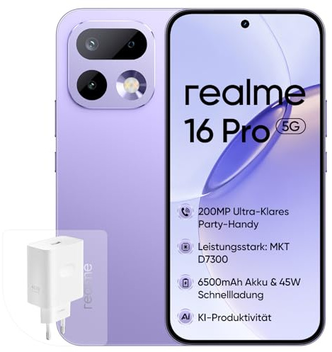 realme 16 Pro 5G Smartphone, 8+512GB, Cámara 200MP OIS, Batería 6500mAh, Pantalla Plana 6,78 144Hz, Carga Rápida 45W, Funciones IA, IP69, Dual SIM, Violeta (con Adaptador)