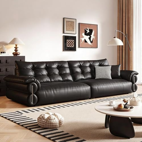 Fransk retro minimalistisk svart lädersoffa, massiv träram, rymlig och mjuk soffa, modern stor storlek, lämplig för vardagsrum/kontor/lägenhet.