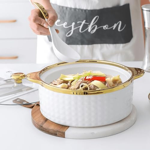 vaso in ceramica, Zuppiera con coperchio in vetro e cucchiaio, set da 2 pezzi rotondo bianco, elegante ceramica/porcellana(B)