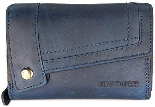 Belli Hochwertige Vintage Leder Damen Geldbörse Portemonnaie Dickes und kompaktes Portmonee Geldbeutel aus weichem Leder mit RFID in blau - 14,5x10x5cm (B x H x T)