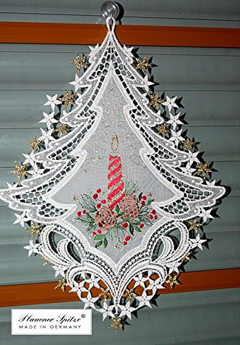 Plauener Spitze Fensterbild 25x34 cm + Saugnapf Weihnachten Voile Stickerei Kerze