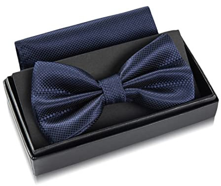 Massi Morino Fliege Dunkelblau mit Einstecktuch für Herren Set - Anzug Herrenfliege zur Hochzeit - Verstellbare Schleife in Blau