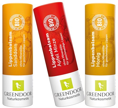 GREENDOOR Lippenpflege-Set CLASSIC, Apfel Minze, Sanddorn, Honig - die 3 beliebtesten natürlich pflegenden Lippenbalsam Lippen-Pflegestifte zum Sparpreis | Naturkosmetik mit Bio Jojoba, plastikfrei