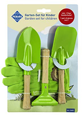 Pebaro GAR1 Garten-Set für Kinder, 2 Schaufeln, 1 Harke, 1 Paar Handschuhe, Arbeitshandschuhe für Kinder, grün, für Gartenarbeit, Gartenwerkzeuge, Junior-Gärtner, Geschenkidee für Kinder
