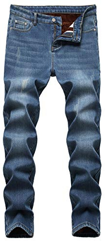 YOUTHUP Pantalones de mezclilla para hombre con forro polar, vaqueros de invierno, pantalones rectos casuales lavados, azul claro, 48