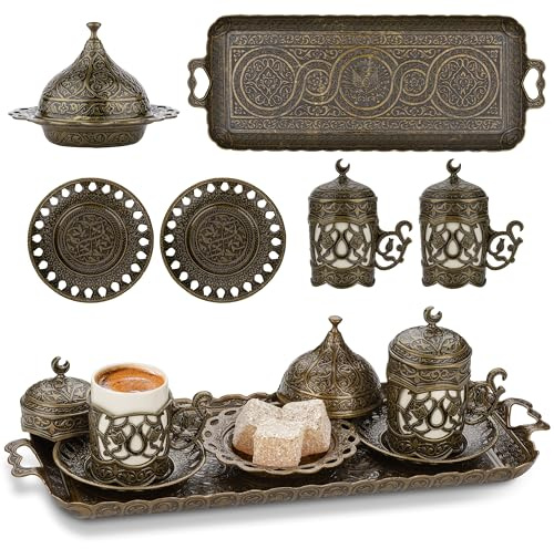 Alisveristime Ottoman Türkisch Griechisch Arabisch Espresso Kaffeetassen mit Untertasse und Deckel (2er Set) (Hilal) (AutenticGreen)
