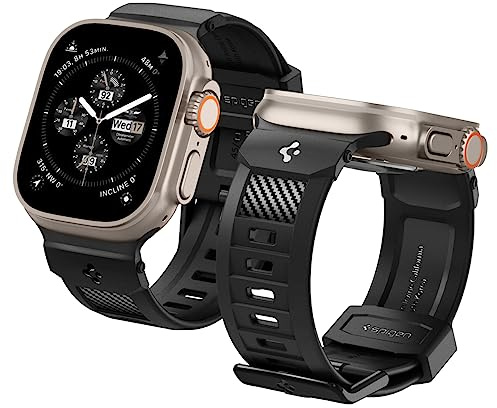 Spigen Rugged Band för Apple Watch Ultra 4/3/2/1, Serie 12/11/10 | Flexibelt TPU-armband med matt yta, kolfiberdetaljer och Smart Lock-passform för Apple Watch 49/46/45/44/42mm - Svart
