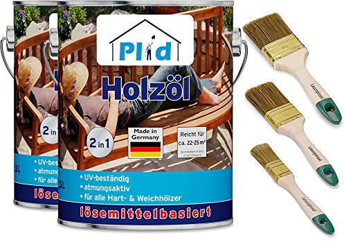 Plid® Holzöl Pflegeöl Holzschutz Imprägnieröl Gartenmöbel Teakholzöl Holzlasur Holzschutzöl Holzpflegeöl Holz Öl Außen zum Holzschutz für alle Hart- und Weichhölzer Douglasie 5l - Pinselset