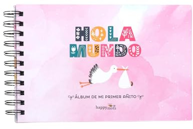 Album Fotos Bebé Niña HappyMots | 22cm x 15cm | Hola Mundo | Viene con Caja Protectora | Album Bebé para Pegar Fotos y Escribir | Set de Pegatinas Decorativas Incluido