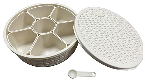 Pick N Save Masala Dabba Boîte à épices en plastique, authentique Indien Masala Dabba, parfaite pour votre stockage d'épices avec 7 récipients et une cuillère de service gratuite (ivoire)