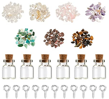 PandaHall 14pcs 6ml Clear Glass Wishing Bottles Mini Glass Bottles Jars with 70g Gemstone Chip Beads & 14pcs Screw Eye Pins for Wedding Party Crafts Jewelry Making
