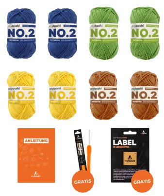 myboshi Summer Sunflower Wollpaket, No.2 Wolle, Label, Häkelnadel, Kissenhüllen-Anleitung, 8 Knäuel x 50g, Lauflänge 55m Summer Sunflower, 8 Knäuel + 1 Häkelnadel