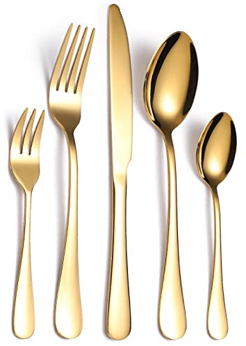 Douria 20-Piece Gold Serving Flatware Silverware Set, Stainless Steel Serving Utensil Set, Cutlery Set Service For 4 ，Dishwasher Safe Perfect For Home Kitchen Restaurant (Gold)