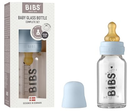 BIBS Baby Glass Bottle. Anti-Colic. Round Natural Rubber Latex Teat. Supports Natural Breastfeeding, 110 ml, Baby Blue