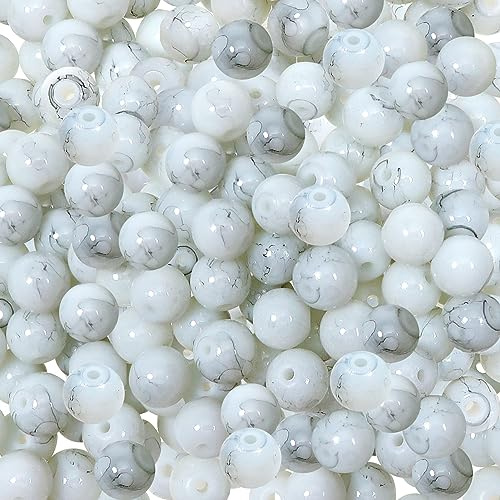 TOAOB 100 Stück 8 mm Crackle Glasperlen Weiß Marmor Effekt Runde mit Loch | Perlen zum Auffädeln Lose Perlen Bastelperlen für Armbänder Halsketten DIY Schmuckherstellung