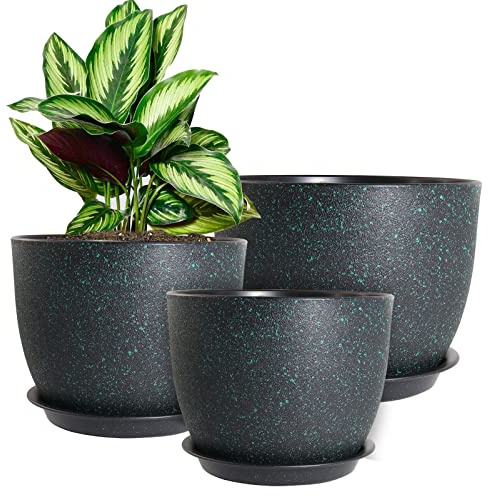 WOUSIWER Lot de 3 Pots de Fleurs décoratifs Modernes en Plastique avec Trous de Drainage et soucoupes pour Plantes d'intérieur, Fleurs et Plantes d'intérieur, mouchetures Noires de 26,4 cm
